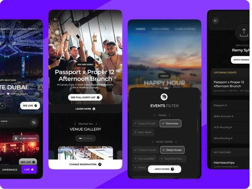 Venu event platform mobile product screens