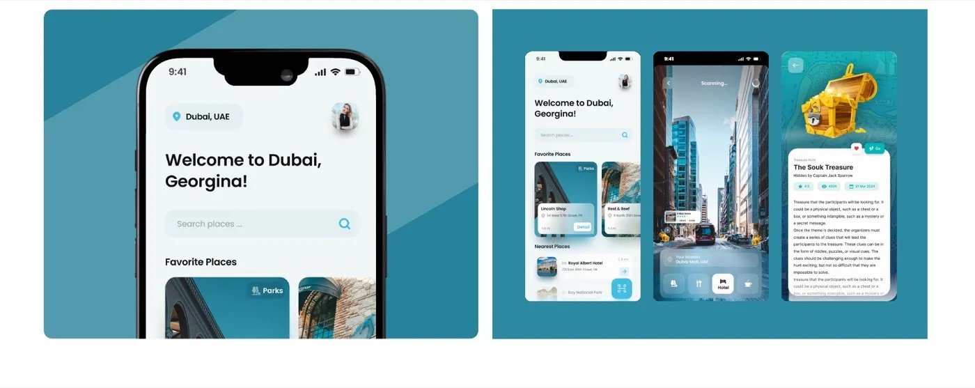 Okasha Dubai location discovery and rewards app screens