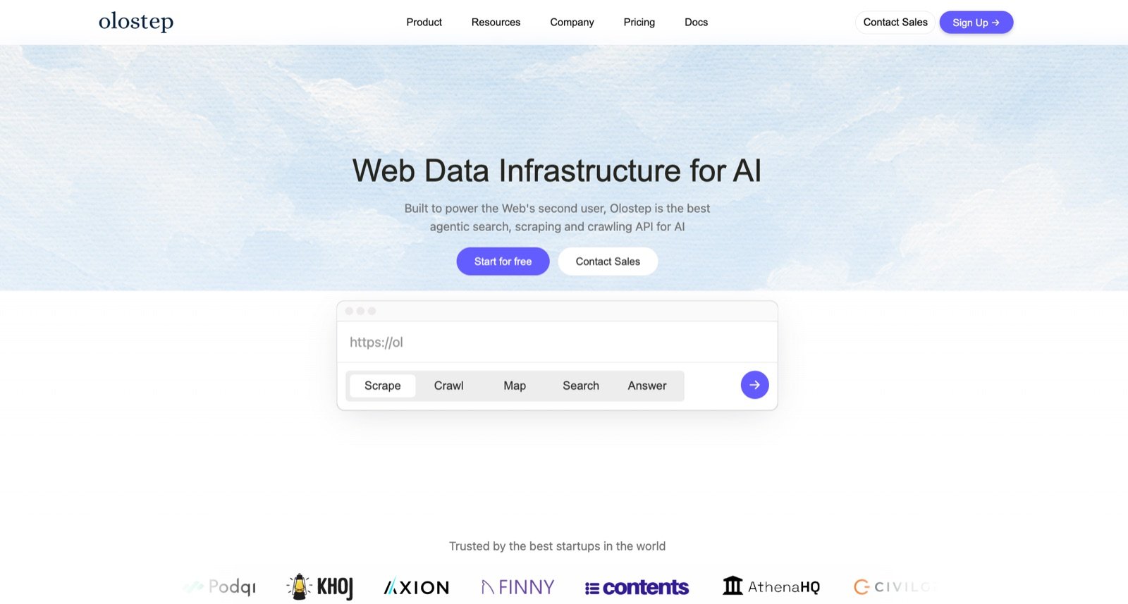 Olostep website presenting web data infrastructure and API capabilities for AI