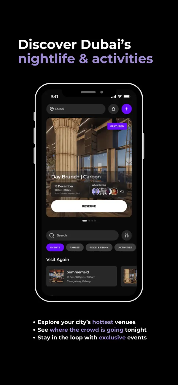 Portl event discovery feed with nightlife and hospitality experiences