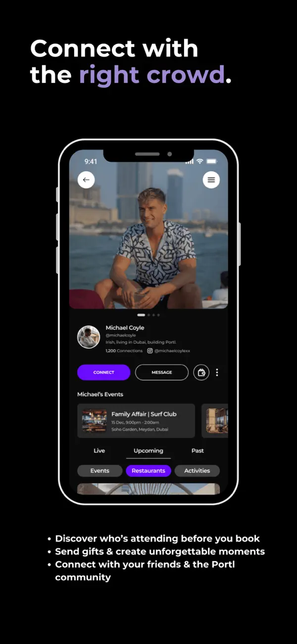 Portl member profile showing connections and upcoming experiences