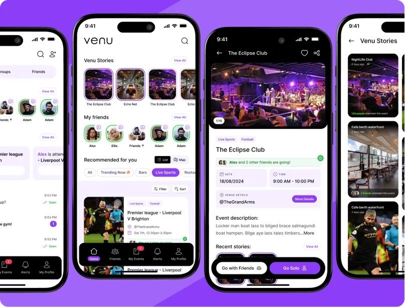Venu social event discovery and venue story interface