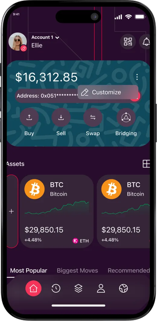 Dark crypto wallet app interface built by Botmer