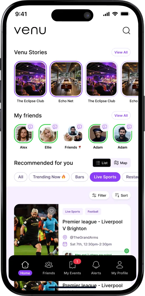 Venu events app interface built by Botmer